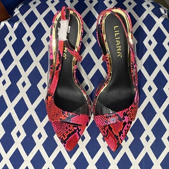 Multi pink black snakeskin clear pointed slingback high heel open toe sandals - Picture 8 of 8